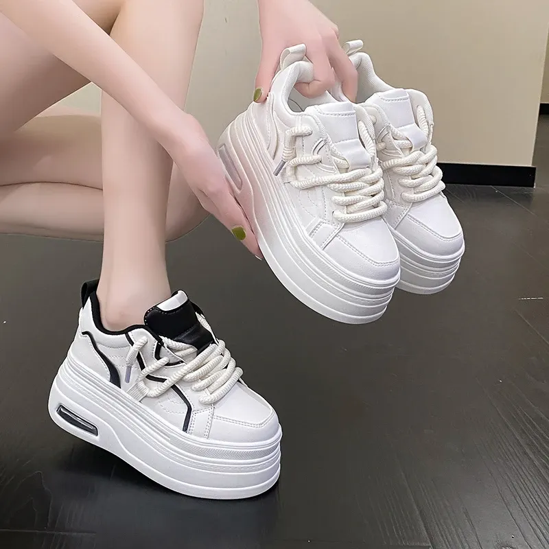 Fashion Tide Platform Sneakers Women Spring Autumn Round Toe Lace-up Comfort 8CM Thick Bottom Sport Shoe Black White Casual Shoe