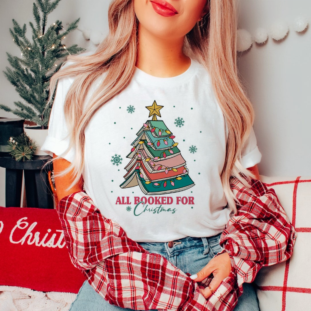 Christmas Tree All Booked For Christmas Cute 90s Happy New Year Women's Printed O-Neck Christmas Casual Fashion Graphic T-Shirt