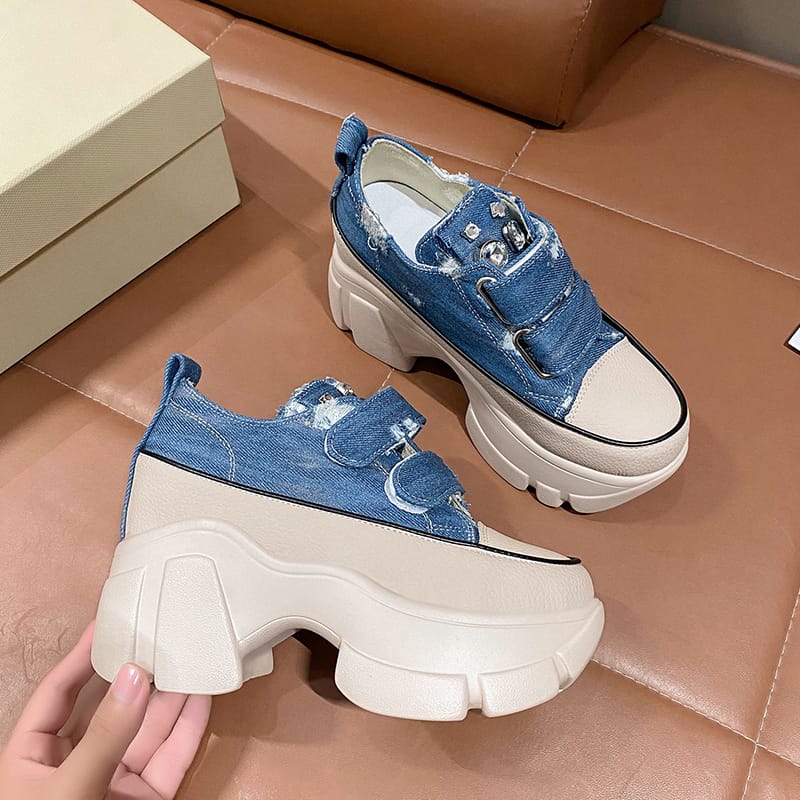New Fashion Crystal Denim Platform Wedge Casual Spring Summer Autumn Comfy High Brand Chunky Sneakers 9CM Hidden Heels Shoes