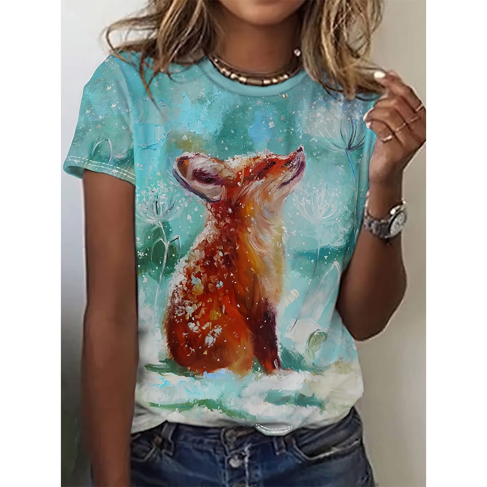 Women's T-shirt Plush Fox Print T-shirt Cute Animal Niche Design Harajuku Casual Short Sleeved Top Plus Size Women's Clothing