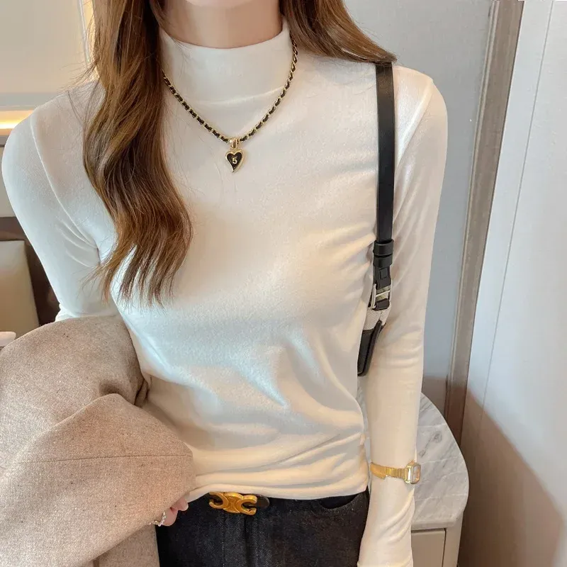 Autumn and winter micron German velvet half-high collar women's mid-collar long-sleeved new style can be worn outside