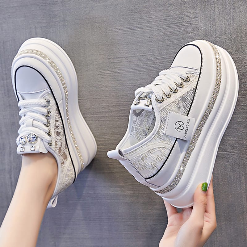 Women 8CM Platform Casual Outdoor Shoes Rhinestone Shine Decoration Sneakers Lace Up Walking Sport Breathable Thick Bottom Shoes