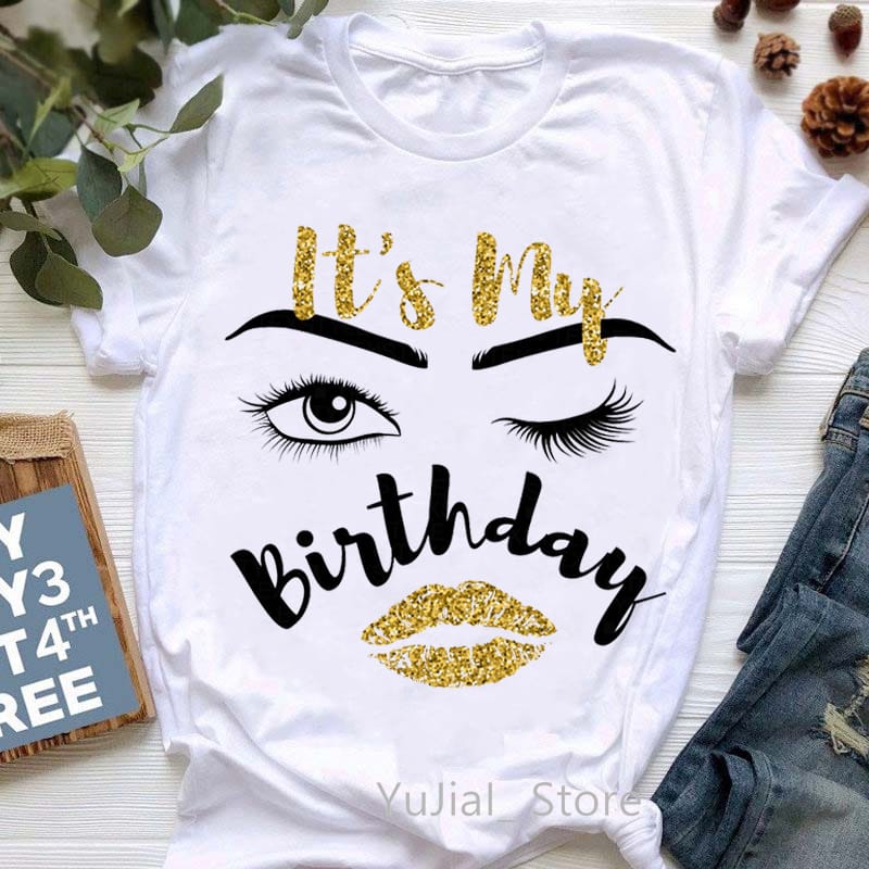 Fashion It'S My Birthday Graphic Print T-Shirt Women'S Clothing Sexy Goldren Lips T Shirt Femme Cool Casual Tshirt Female Tops