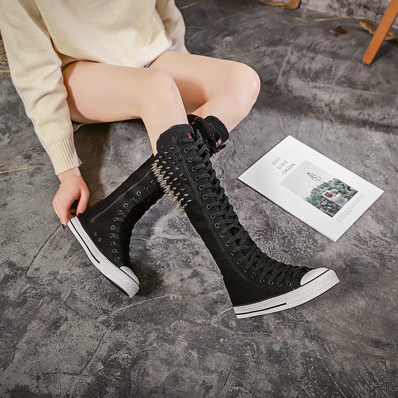 Spiked Rivet Shoes High Top Side Zipper Student Canvas Shoes Punk Boots High Tube Casual Shoes Sneakers Tenis Feminino