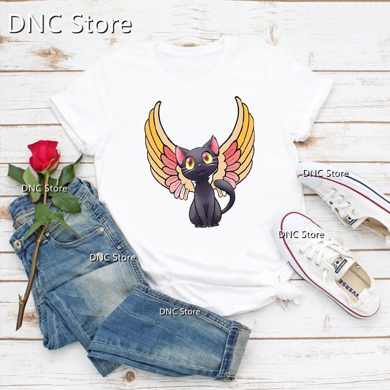 Fashion Steampunk Black Cat With Clock And Wings Cartoon Printed Women'S T-Shirts 90s Girls Tshirts Summer T-Shirts femme tops