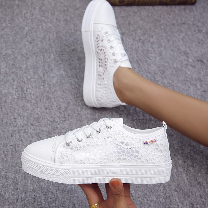 Women Shoes 2022 Fashion Summer Casual White Shoes Cutouts Lace Canvas Hollow Breathable Platform Flat Sneakers Zapatillas Mujer