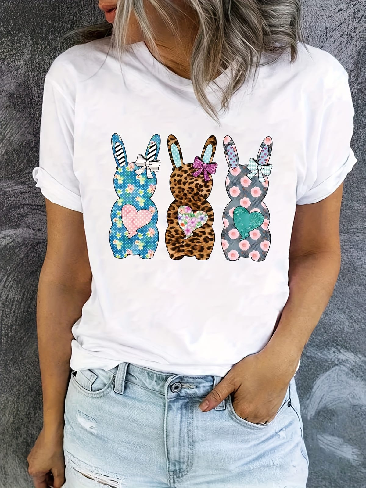 Rabbit Print T-Shirt, Casual Crew Neck Short Sleeve Top For Spring & Summer, Women's Clothing