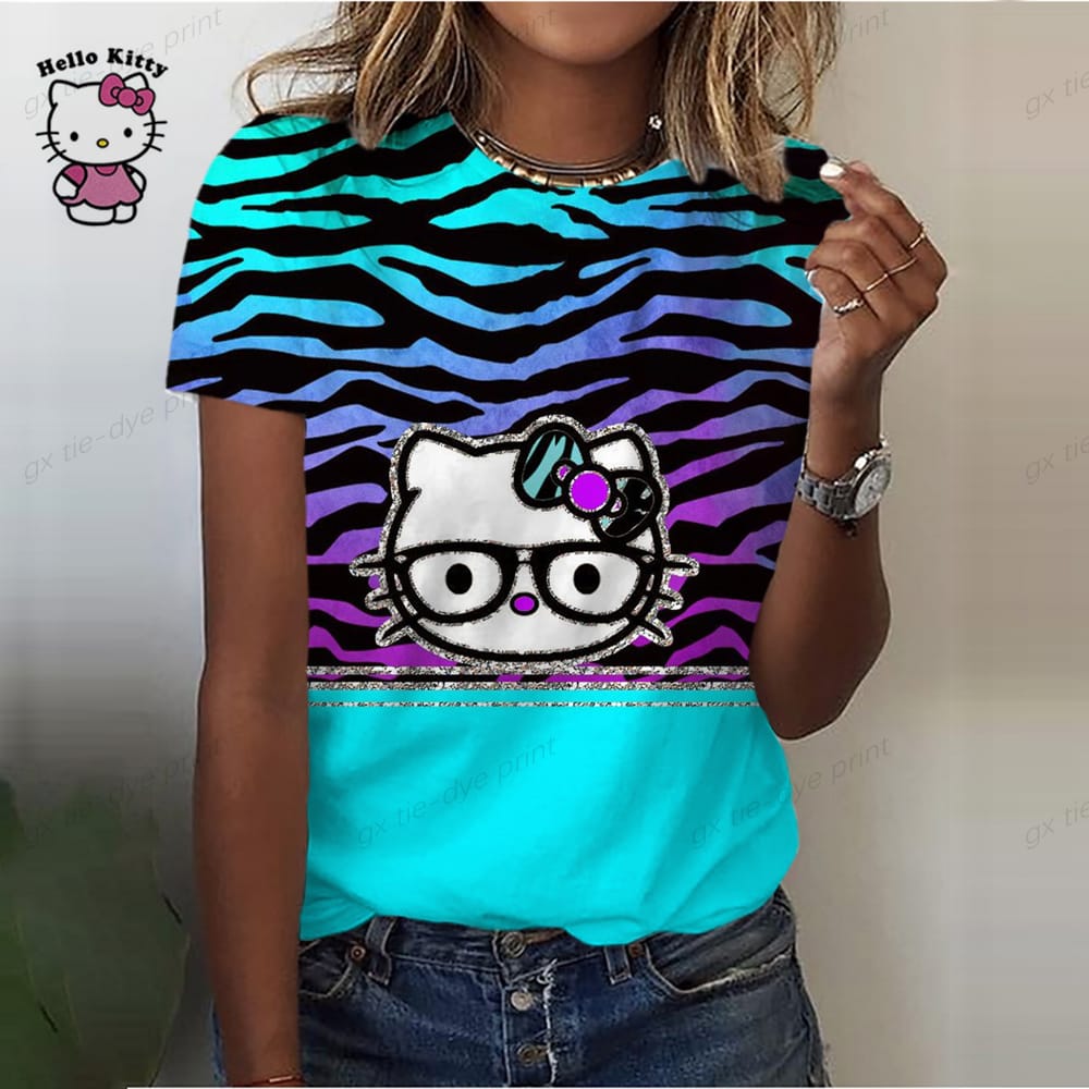 Fashion Cartoon Women'S T-Shirt Fun Hello Kitty Print Short Sleeve Harajuku Retro Tees Tops Summer Oversized Female Clothing