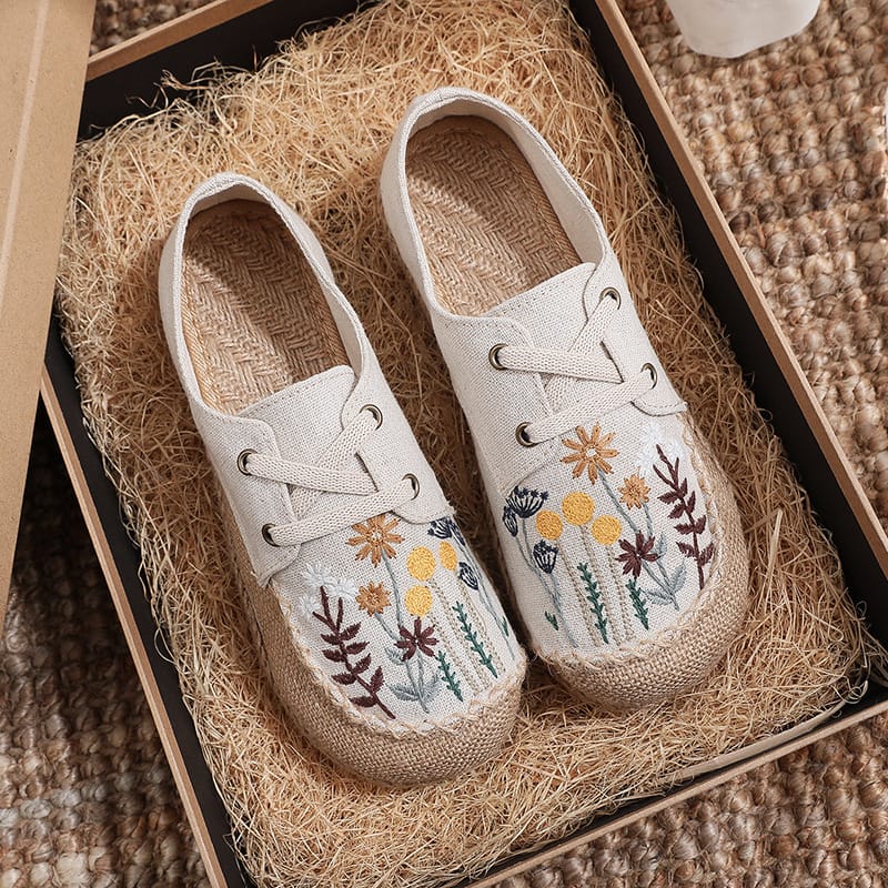 Women's Embroidered Linen Shoes New Ethnic Style Non-slip Comfort Loafers Flowers Thick Bottom Lace Up Flats Sapato Femininas