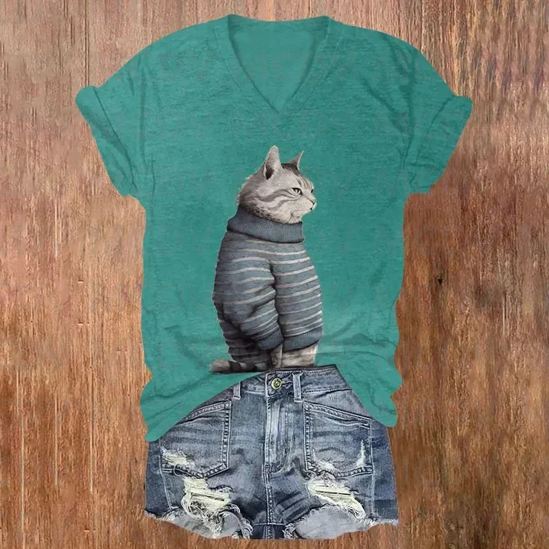 Retro Cute Farm Animal Art Print Casual V-neck T-shirt 3D Printed Summer Women's T Shirts
