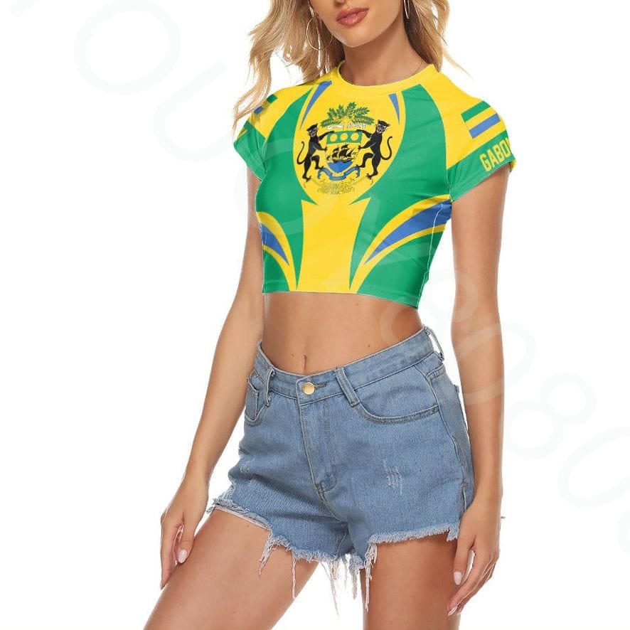2023 Africa Zone Apparel Women's Summer Crew Neck Print Short Sleeve Gabon Row Action Flag Women's Raglan Cropped T-Shirt