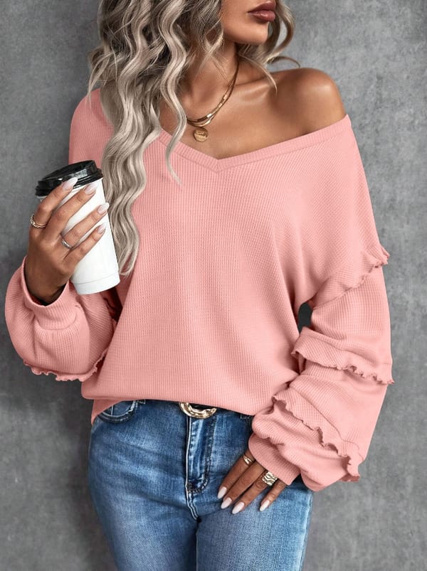 Women's 2023 New Hot Selling Casual Fashion Waffle V-Neck Loose Ruffle Top In Stock