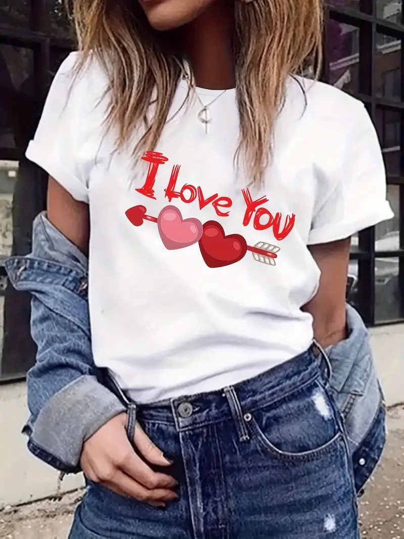 Valentine's Day I Love You Printed Short Sleeved Casual Women's Fashion Women's Pattern T-shirt Women's Printed Summer T-shirt