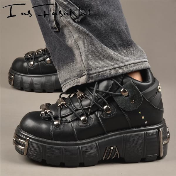 Platform Metal Toe Chunky Sneakers Women's Gothic Punk Style Sneakers Rock Design Black Walking Shoes Casual Female Runway Shoes