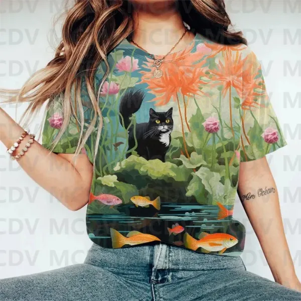 Funny Irises Cat Art Print Short-sleeved T-shirt 3D Printed Summer Women's T Shirts