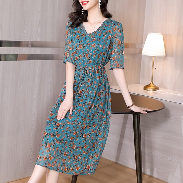 2023 New Fashion Silk Printed Dress Women's Summer Retro Versatile V-neck 5/4 Sleeve Loose Fit Casual Holiday Dress Vestidos