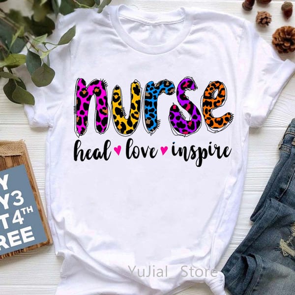 2022 Leopard Nurse Letter Print Women'S T-Shirts Heal Love Inspire Tshirt Femme Harajuku Kawaii Clothes Summer Tops Tee Shirt