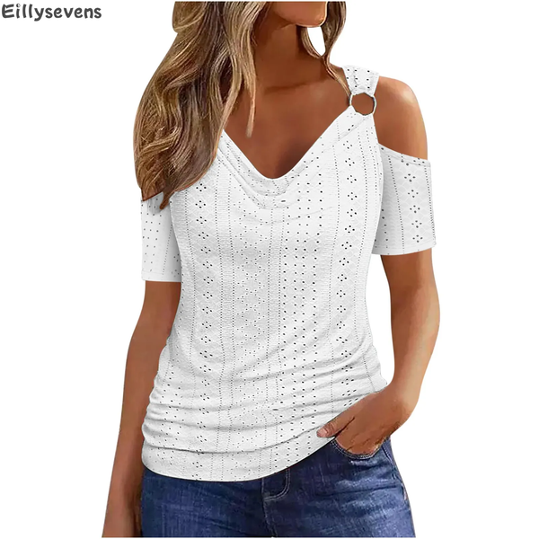 2024 new women's t-shirt V-neck pleated hollow tops off-shoulder casual comfort solid color short-sleeved street ropa de mujer