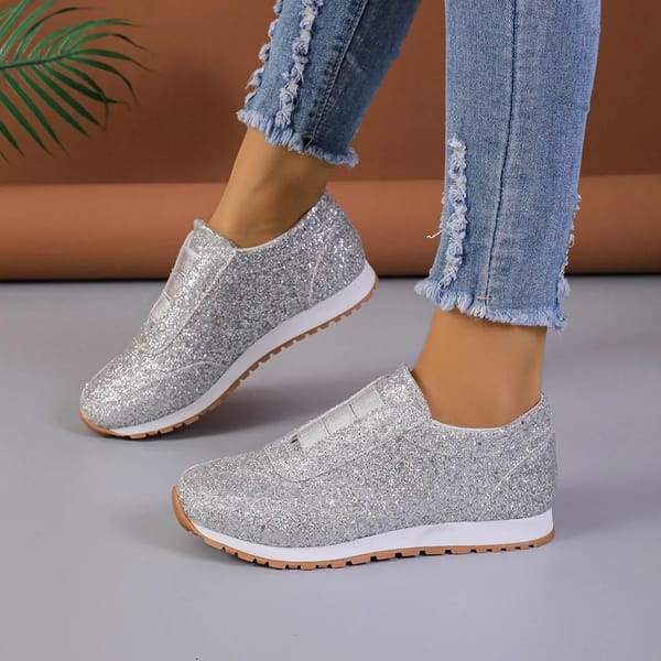 New Women'S Casual Flash Mesh Flat Shoes Woman Sequin Vulcanized Shoes Lace Up Sports Shoes Female Outdoor Sports Running Shoes