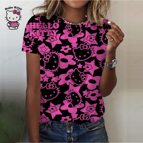 Hello Kitty women's 3D T-shirt Summer female cartoon print O-neck short sleeve lady bottoming shirt Tracksuit loose clothing