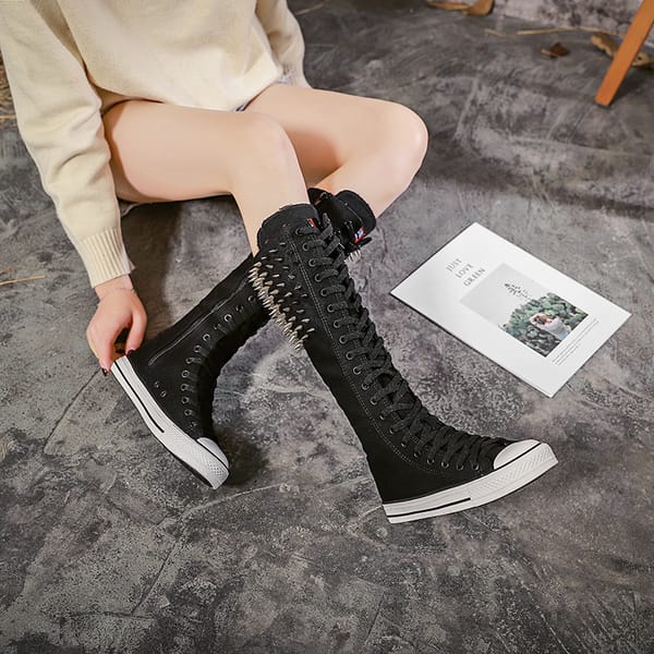 Spiked Rivet Shoes High Top Side Zipper Student Canvas Shoes Punk Boots High Tube Casual Shoes Sneakers Tenis Feminino