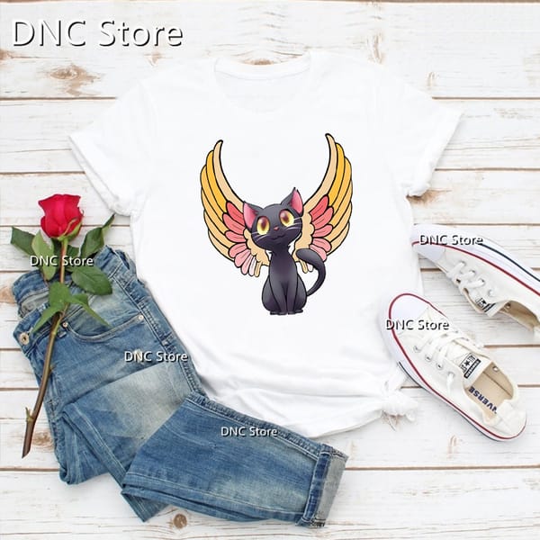 Fashion Steampunk Black Cat With Clock And Wings Cartoon Printed Women'S T-Shirts 90s Girls Tshirts Summer T-Shirts femme tops