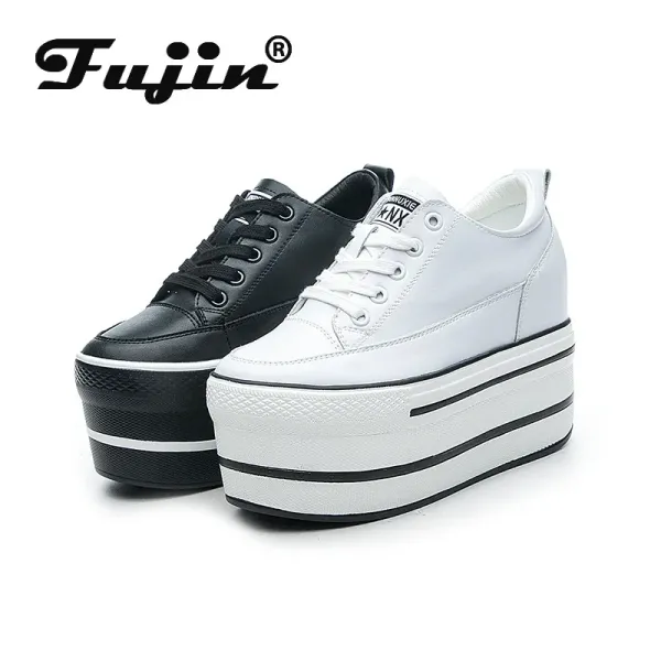 Fujin 10.5cm High Thick Heel Platform Flats Women Casual Shoes Genuine Leather Soft Quality Casual Shoe Sneakers White Black
