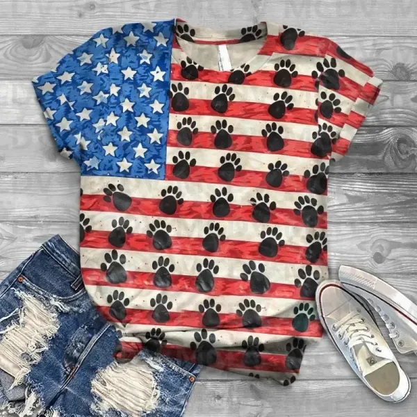Women's Retro Cute Cat Paw American Flag Print Short Sleeve T-shirt 3D Printed Summer Women's T Shirts