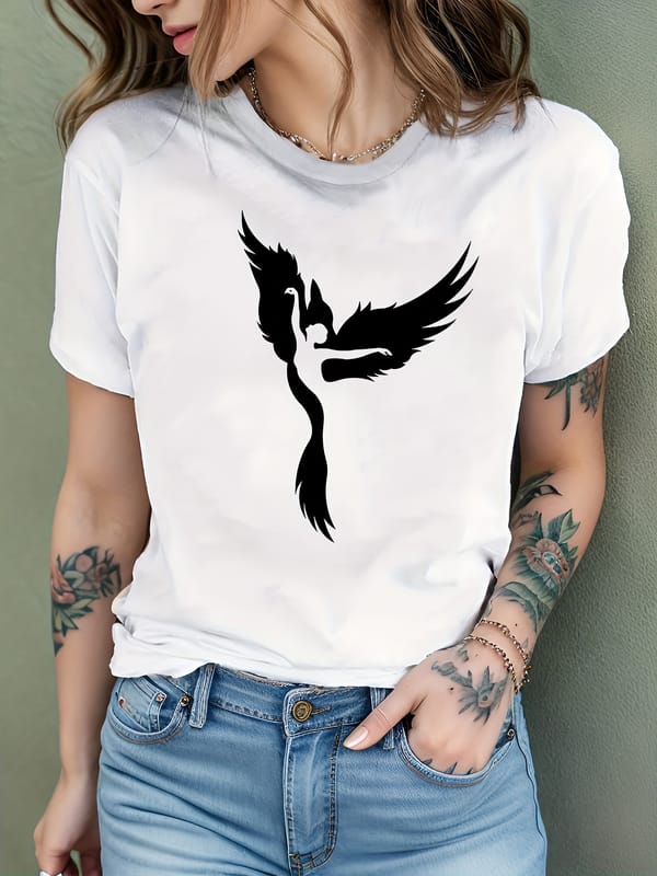 Women's Casual Short Sleeve T-Shirt, Slight Stretch, Round Neck With Phoenix Print, Fashion Top, Tee Versatile For Everyday Wear