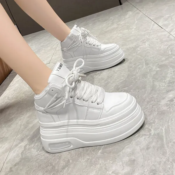 Black White Color Matching Sneakers for Women's Spring Autumn Lace Up 8cm Thick Bottom Elevated Sponge Casual Sports Shoe