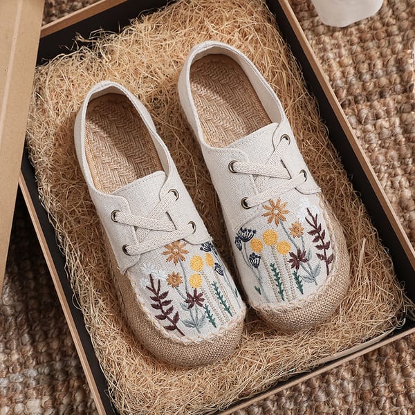 Women's Embroidered Linen Shoes New Ethnic Style Non-slip Comfort Loafers Flowers Thick Bottom Lace Up Flats Sapato Femininas