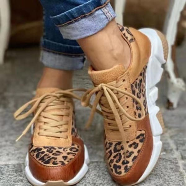 Platform Sneakers Women 2023 Round Toe Low-top Leopard Wedge Shoes Women's  Lace Up Socofy Casual Sports Shoes