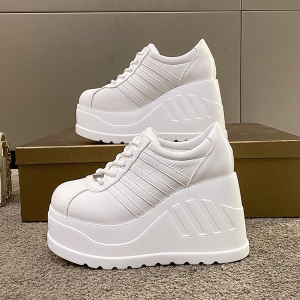 2022 White Shoes Women Lace Up pu Leather Wedges High Heel Pumps Shoes Female Breathable Chunky Platform Fashion Sneakers Size42